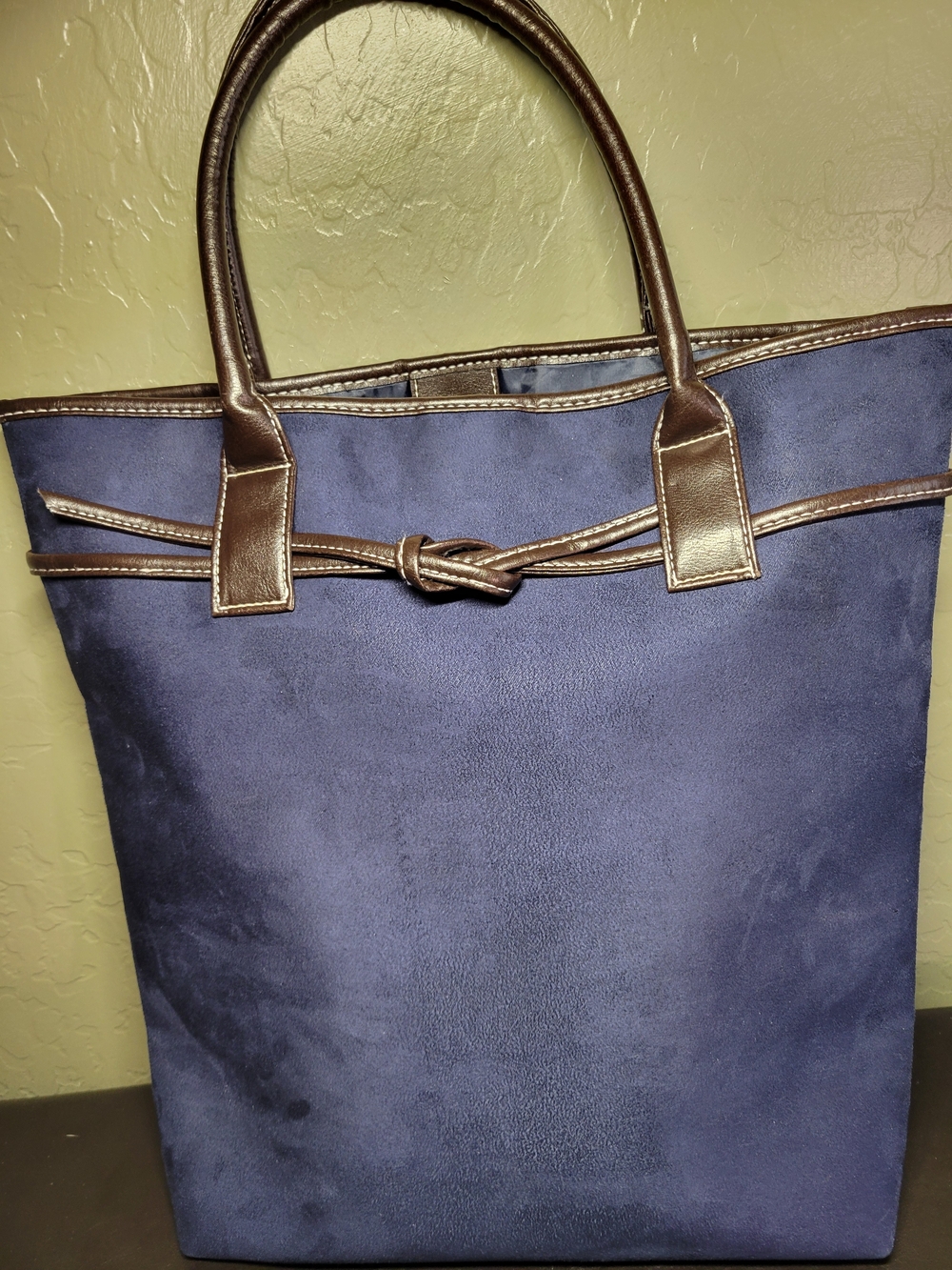 Estee Lauder Classic Faux Suede Navy Tote Bag with Brown Trim